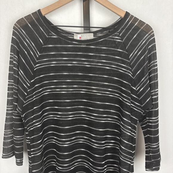 Tina Stephens Lightweight Sheer Sweater Womens Large Black White Stripes Classic - Picture 2 of 8